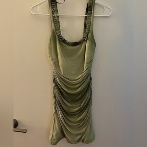 NWT Zara Women’s sage green RUFFLED PRINTED TULLE MINI DRESS size XS